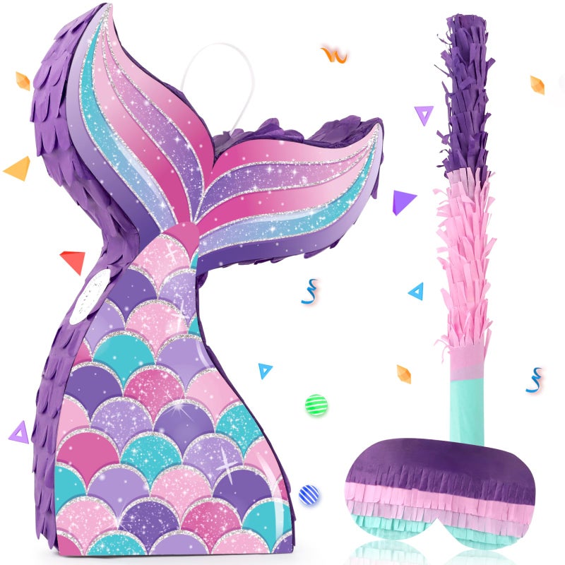 Lemicin Mermaid Tail Pinata Glitter with Stick Blindfold Mermaid Birthday Party Decoration Mermaid Pinata Game for Girls Kids Carnival Under the Sea Ocean Theme Party Supplies 153x10 - Image 3