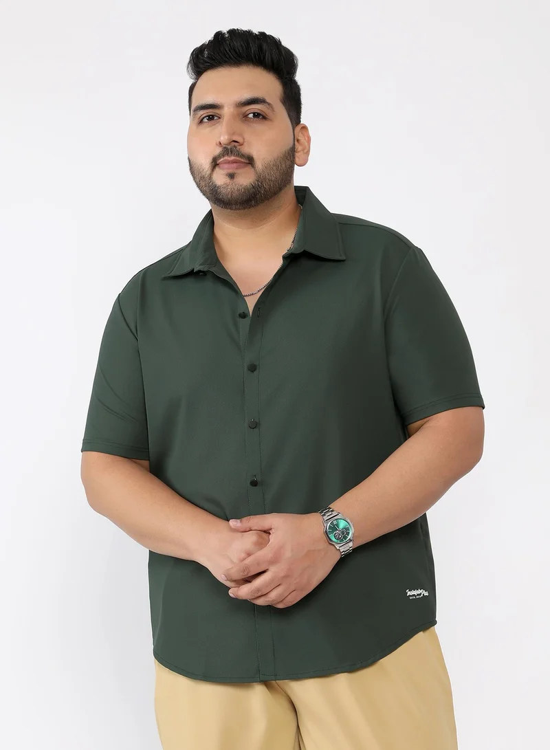 Instafab Plus Men Seamless Waffle-Knit Shirt | Spread Collar , Short Regular Sleeves | Button Closure , Curved Hem | Solid Textured | Knitted Fabric For Casual & Daily Wear | Sacramento Green