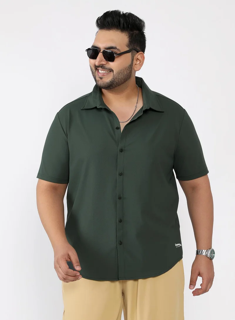 Men Seamless Waffle-Knit Shirt | Spread Collar , Short Regular Sleeves | Button Closure , Curved Hem | Solid Textured | Knitted Fabric For Casual & Daily Wear | Sacramento Green