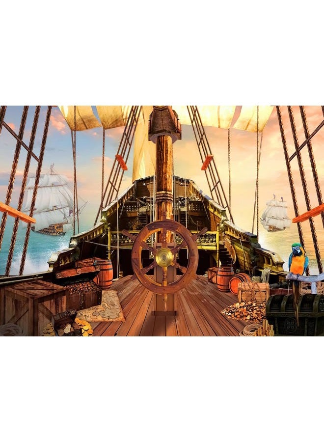 BELECO 10x8ft Fabric Vintage Pirate Ship Backdrop Wooden Rudder Treasure Chests Treasure Map Barrels Parrot Ocean Sailing Ship Nautical Pirates Background Pirate Theme Party Decorations Photo Props - Image 2