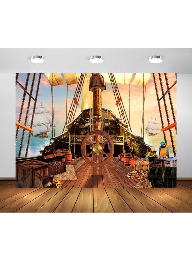 BELECO 10x8ft Fabric Vintage Pirate Ship Backdrop Wooden Rudder Treasure Chests Treasure Map Barrels Parrot Ocean Sailing Ship Nautical Pirates Background Pirate Theme Party Decorations Photo Props - Image 1