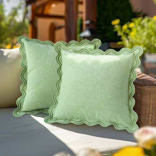 TINYSUN Green Decorative Scalloped Throw Pillow Covers Set of 2, Embroidered Scallop Wavy Design, Premium Chenille Cushion Spring Pillow Cover for Sofa Couch Living Room(Mint Green,18x18 Inch) - Image 2