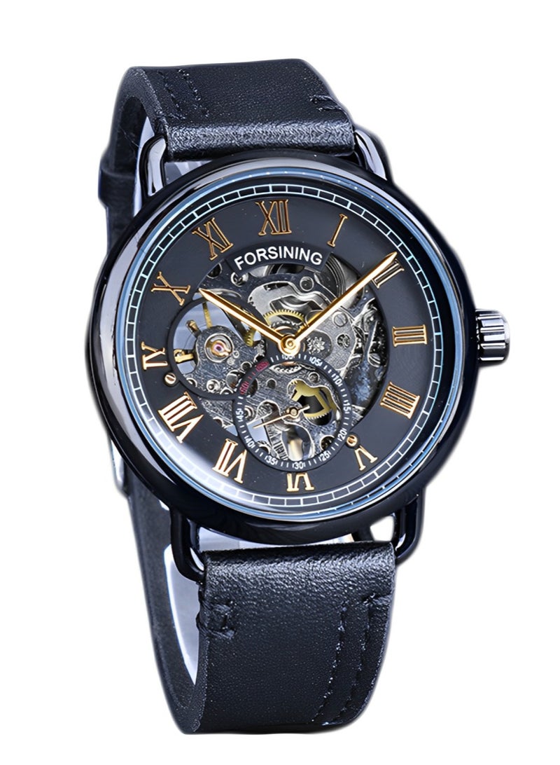 FORSINING ​​Forsining Men's Classic Skeleton Mechanical Watch - Black Case with Gold-Tone Markers & Open-Heart Dial, Hand-Winding Movement, 30M Water Resistance, Stylish Business Casual Design for Daily Wear & Special Events​​  - Image 1
