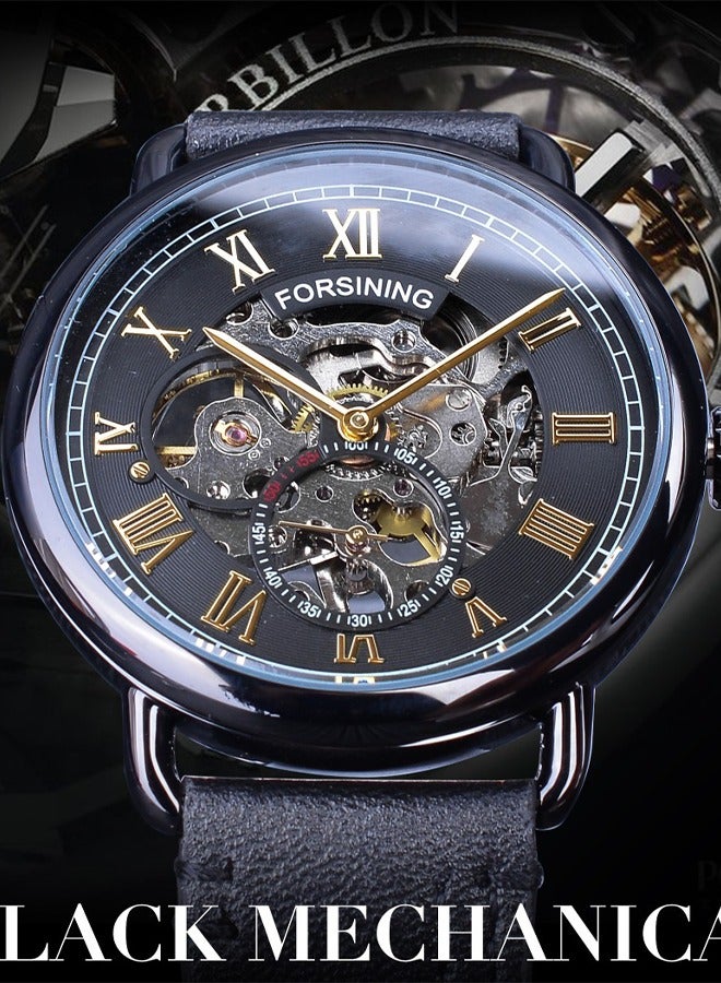 FORSINING ​​Forsining Men's Classic Skeleton Mechanical Watch - Black Case with Gold-Tone Markers & Open-Heart Dial, Hand-Winding Movement, 30M Water Resistance, Stylish Business Casual Design for Daily Wear & Special Events​​  - Image 3