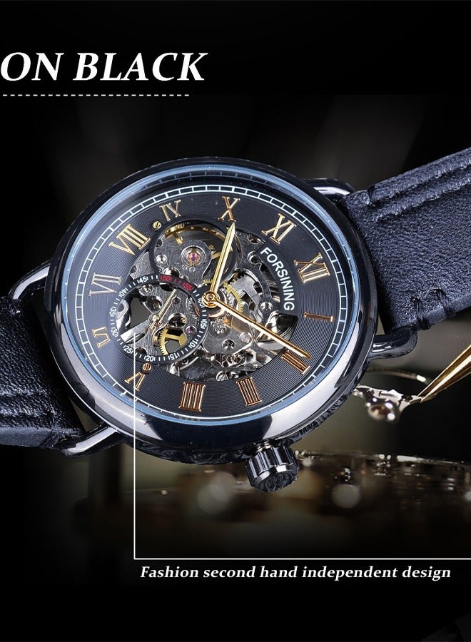 FORSINING ​​Forsining Men's Classic Skeleton Mechanical Watch - Black Case with Gold-Tone Markers & Open-Heart Dial, Hand-Winding Movement, 30M Water Resistance, Stylish Business Casual Design for Daily Wear & Special Events​​  - Image 4