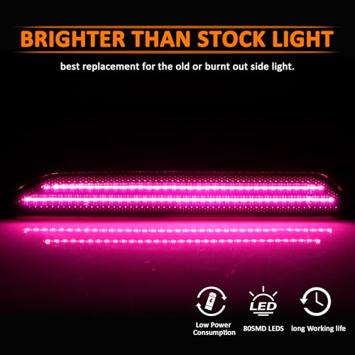 Bestview LED Side Marker Lights for Ford Mustang 2015-2023, Rear Fender Bumper side Marker Reflectors Lamps Kit Assembly,Somked Len 2PCS (Pink Purple) - Image 3