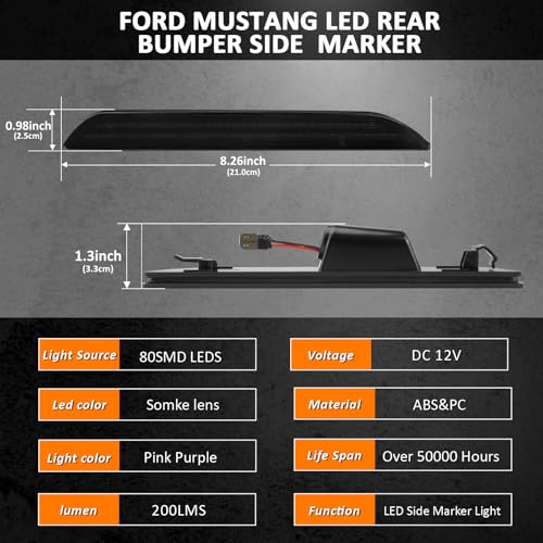 Bestview LED Side Marker Lights for Ford Mustang 2015-2023, Rear Fender Bumper side Marker Reflectors Lamps Kit Assembly,Somked Len 2PCS (Pink Purple) - Image 5