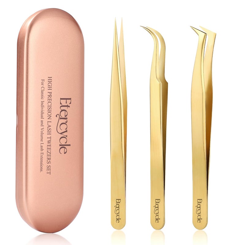 Etercycle High Precision Lash Tweezers Set - Includes 3 Stainless Steel Eyelash Tweezers for Classic Individual and Volume Lash Extensions. Complete with Storage Box - Image 1
