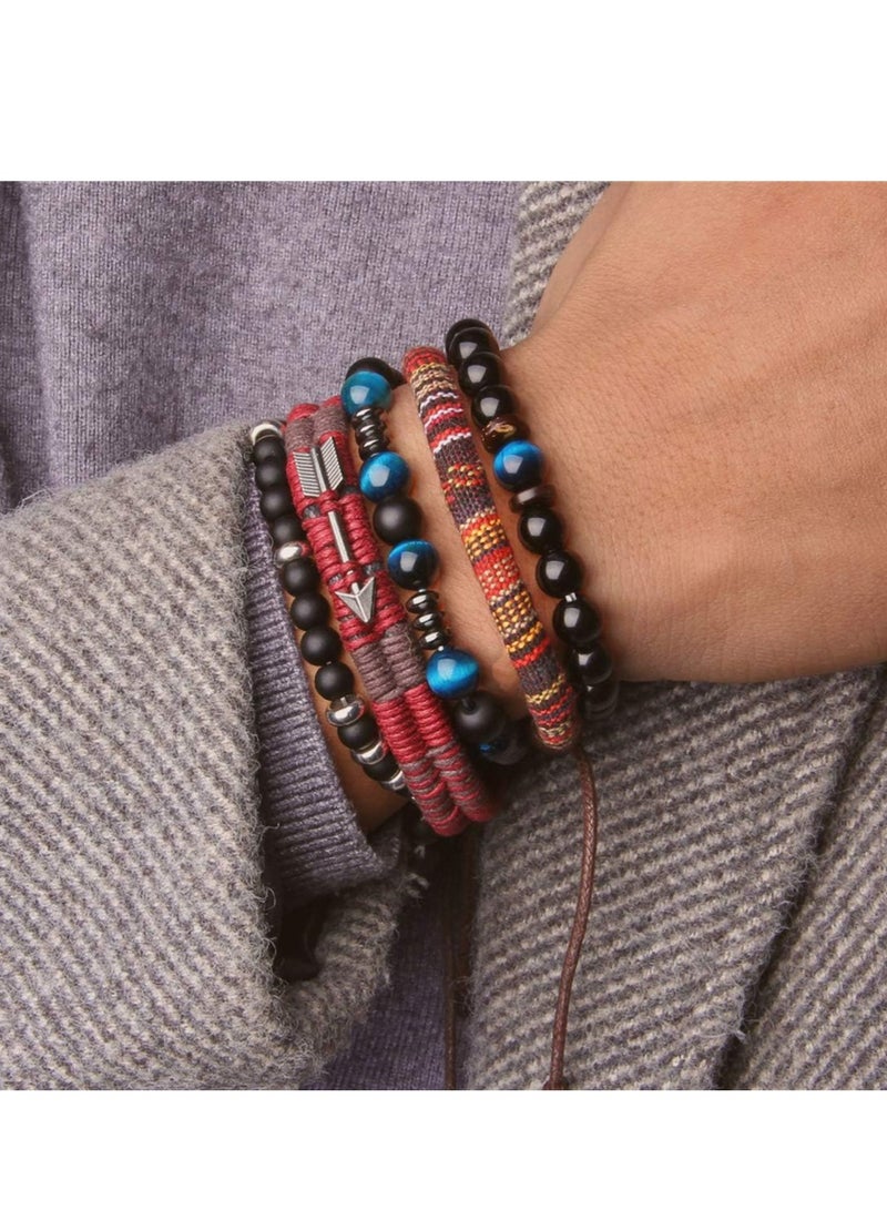 Loquat Braided Leather Bracelets for Men Women Wrap Tiger Eye Lava Rock Beads Bracelet Woven Ethnic Tribal Rope Wristbands Bracelets Set Adjustable - Image 4