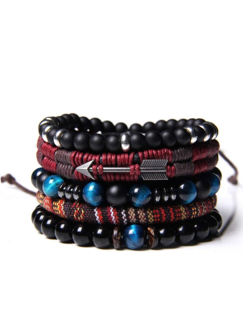 Loquat Braided Leather Bracelets for Men Women Wrap Tiger Eye Lava Rock Beads Bracelet Woven Ethnic Tribal Rope Wristbands Bracelets Set Adjustable - Image 1