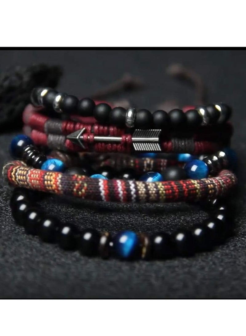 Loquat Braided Leather Bracelets for Men Women Wrap Tiger Eye Lava Rock Beads Bracelet Woven Ethnic Tribal Rope Wristbands Bracelets Set Adjustable - Image 3
