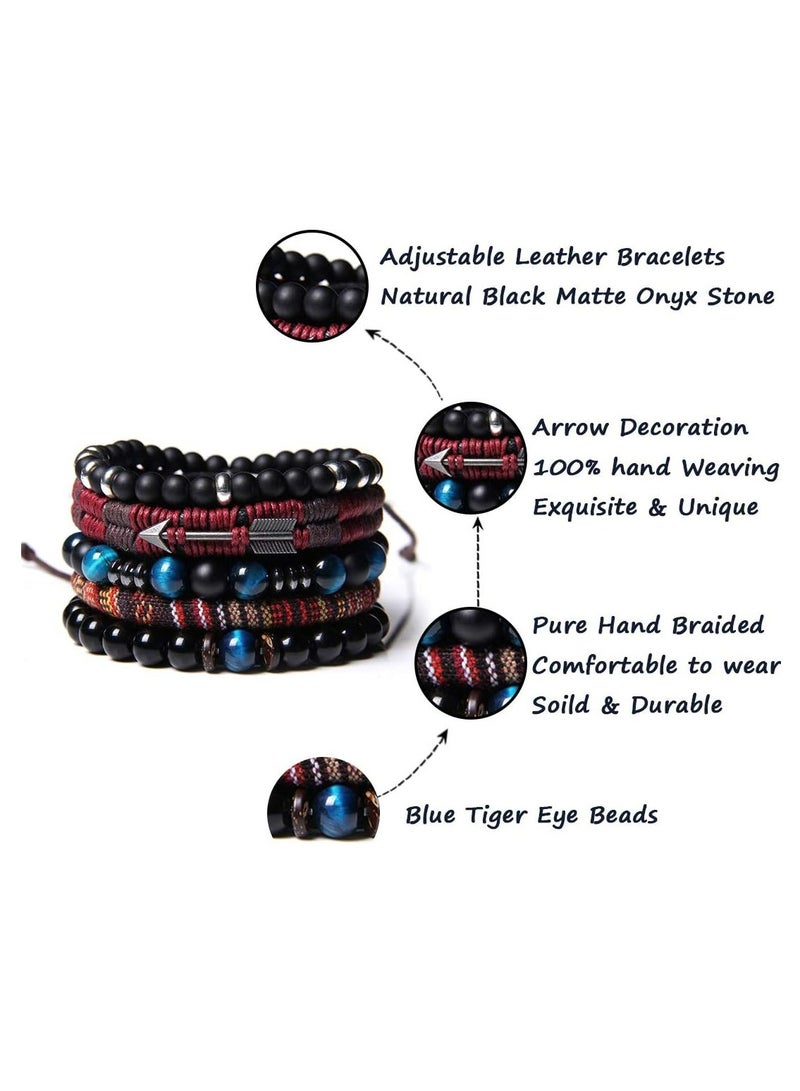 Loquat Braided Leather Bracelets for Men Women Wrap Tiger Eye Lava Rock Beads Bracelet Woven Ethnic Tribal Rope Wristbands Bracelets Set Adjustable - Image 5