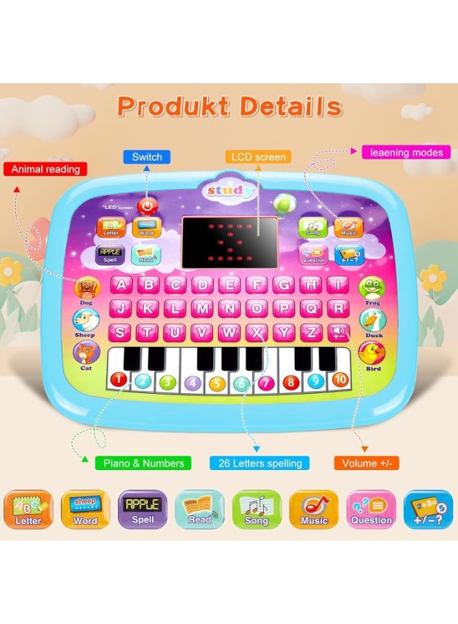 ARGT Toddler Learning Tablet Toy for Kids 3+ – Educational Learning Computer, ABC Letters, Numbers, Spelling & Piano Keyboard, Music & Quiz Modes, LED Display, Early Learning Gift (Blue) - Image 4