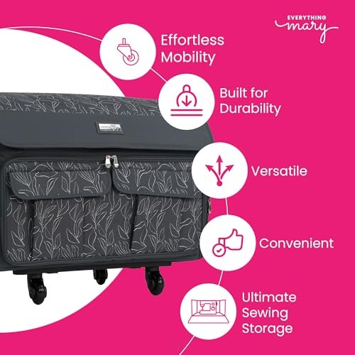 Everything Mary XXL Rolling Sewing Machine Case – Grey Floral Craft Bag with 4 Wheels – Compatible with Brother, Singer & Babylock Embroidery Machines – Durable Storage - Image 2