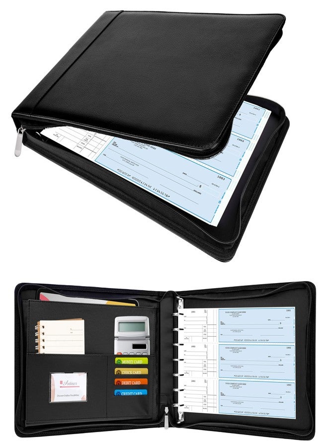 أنتنر حافظة شيكات أعمال من Antner بسحاب وسبع حلقات، تتسع لـ 600 شيك، غلاف من الجلد الصناعي، مناسبة لأوراق مقاس 9×13 بوصة، مزودة بمنظم تخزين مدمج، لون أسود. - Image 1