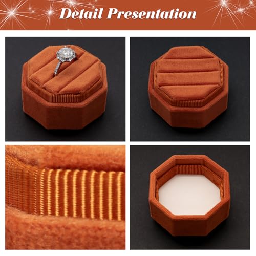 Gvhntk Velvet 3 Slots Jewelry Ring Box Vintage Octagon Ring Display Holder Gift Premium Gorgeous Case with Detachable Lid for Wedding Engagement Proposal Keepsake Ceremony (Burnt Orange) - Image 5