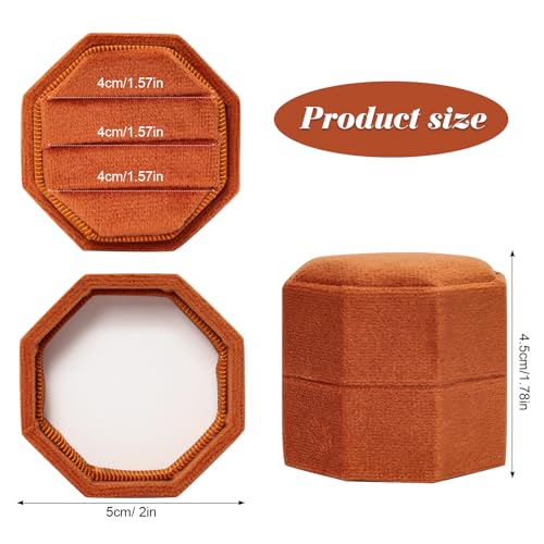 Gvhntk Velvet 3 Slots Jewelry Ring Box Vintage Octagon Ring Display Holder Gift Premium Gorgeous Case with Detachable Lid for Wedding Engagement Proposal Keepsake Ceremony (Burnt Orange) - Image 4
