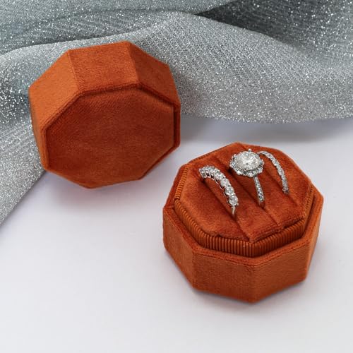 Gvhntk Velvet 3 Slots Jewelry Ring Box Vintage Octagon Ring Display Holder Gift Premium Gorgeous Case with Detachable Lid for Wedding Engagement Proposal Keepsake Ceremony (Burnt Orange) - Image 3