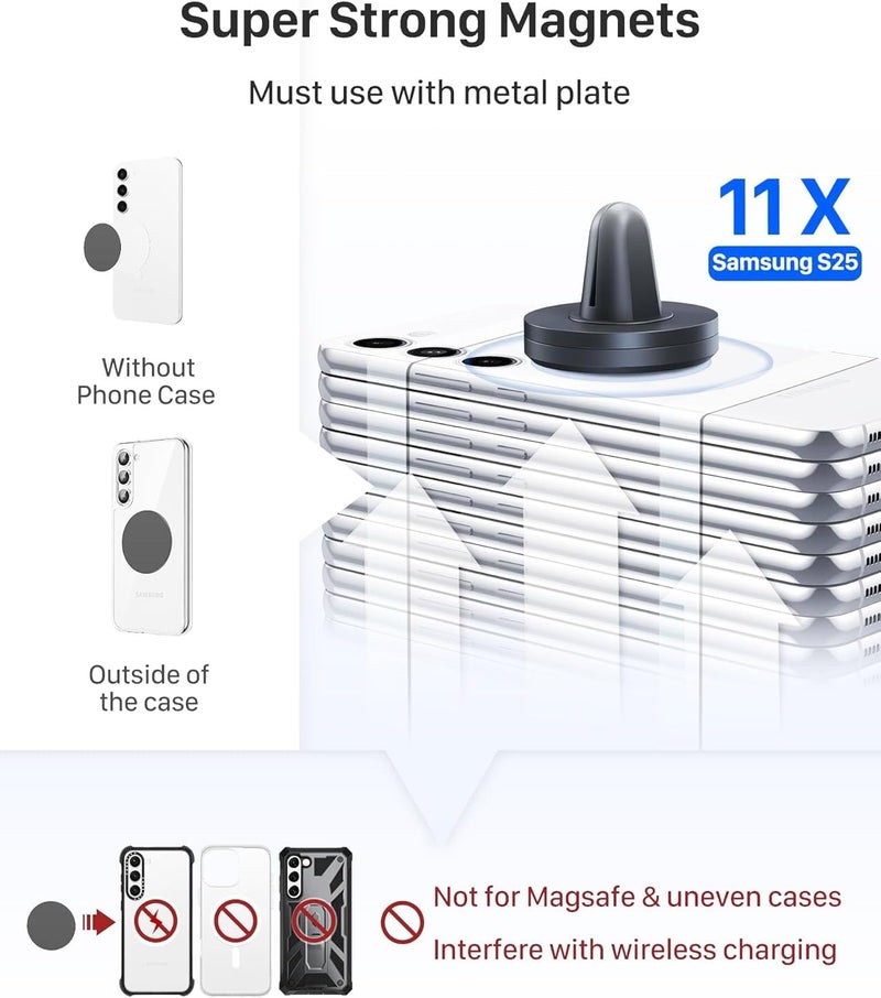 YOSH Mobile Phone Holder for Car,Magnetic Phone Holder with Strong Upgraded Magnets,Super Stable Ventilation Holder Compatible with iPhone and Samsung Including Metal Plates,Metal Gray - Image 2
