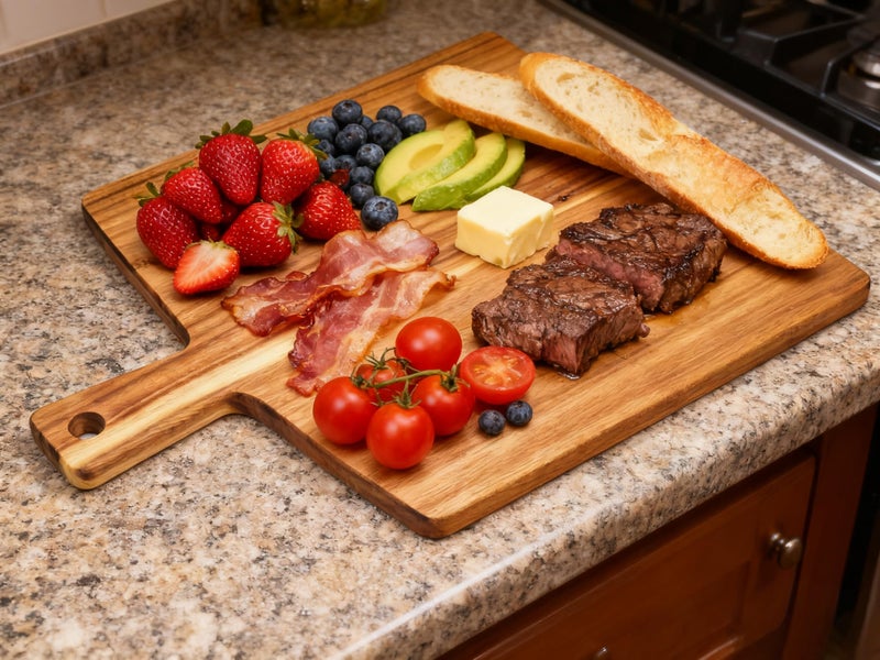 Zeqi Large Acacia Wood Cutting Board with Handle 17''X13'', Charcuterie Board, Serving Board, Chopping Board for Meat, Cheese, Bread, Vegetables & Fruits (Square) - Image 5