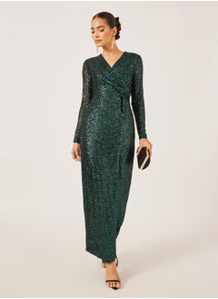 Styli Sequined Embellished V-Neck Gathered Maxi Dress  - Image 1