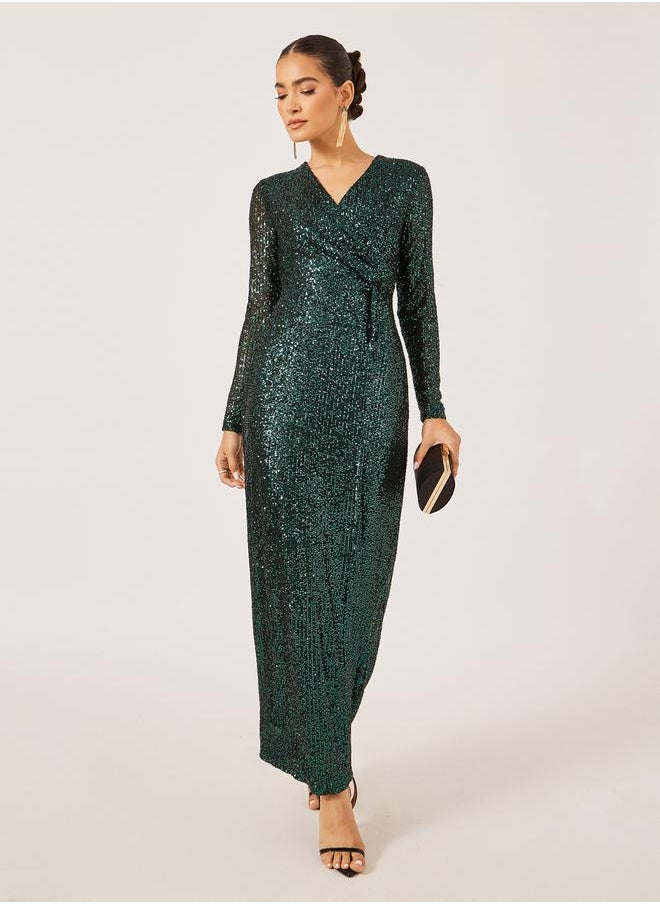 Styli - Sequined Embellished V-Neck Gathered Maxi Dress - Image 1