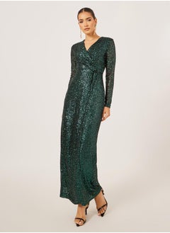 Styli Sequined Embellished V-Neck Gathered Maxi Dress  - Image 2