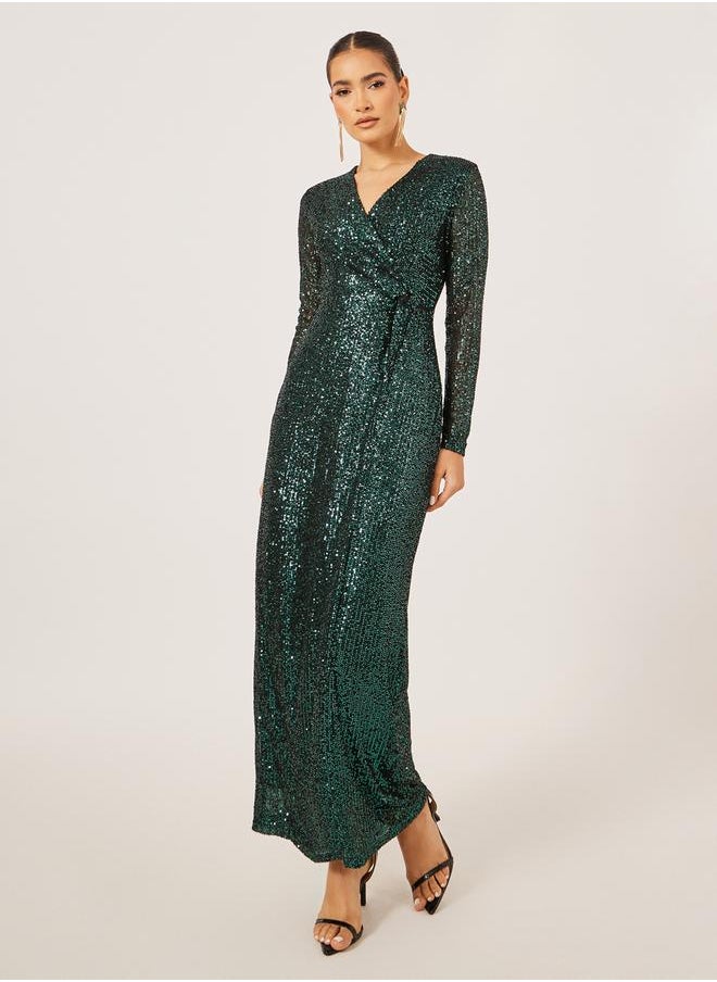 Styli - Sequined Embellished V-Neck Gathered Maxi Dress - Image 1
