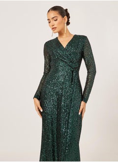 Styli Sequined Embellished V-Neck Gathered Maxi Dress  - Image 3
