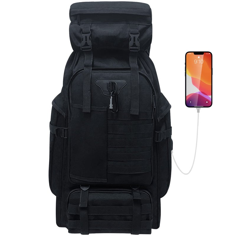 Vaupan 80L Camping Hiking Backpack, Large Military Tactical Backpack, Waterproof Travel Daypack With Carabiner Outdoor Molle Rucksack for Men Women (Black) - Image 1