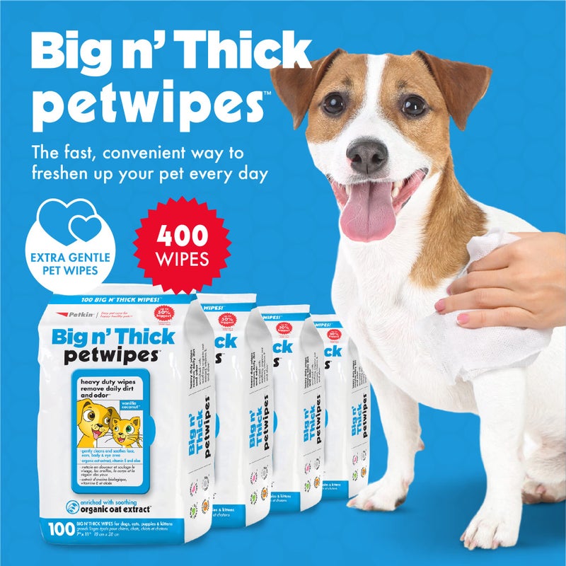 Petkin Pet Wipes for Dogs and Cats, 400 Wipes - Large Pet Wipes for Dogs and Cats - Cleans Ears, Face, Butt, Body and Eye Area - Convenient, Ideal for Home or Travel - 4 Packs of 100 Wipes - Image 2