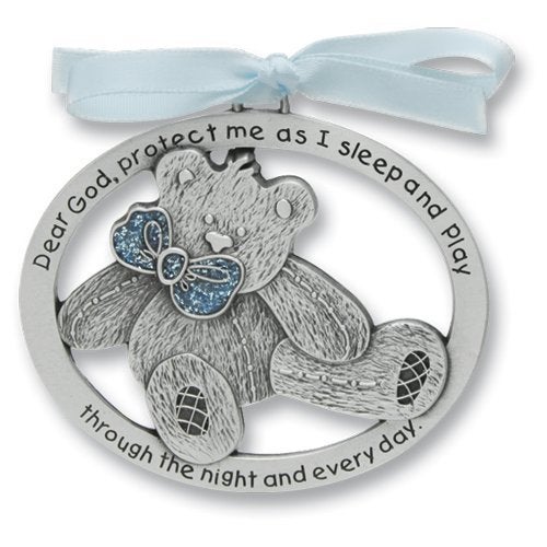 Sweet Teddy Bear Crib Medal for Baby Boy Crib Medal with Verse 212 Pewter Finish ChristeningShower GiftBaptism Keepsakewith Blue Ribbon Infant Newborn