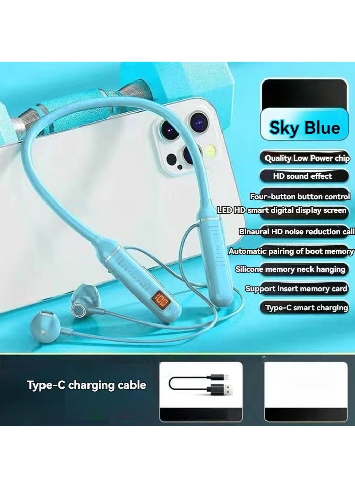 Generic New neck-mounted wireless Bluetooth headset with digital display and ultra-long standby in-ear wireless sports headset (sky blue)  - Image 1