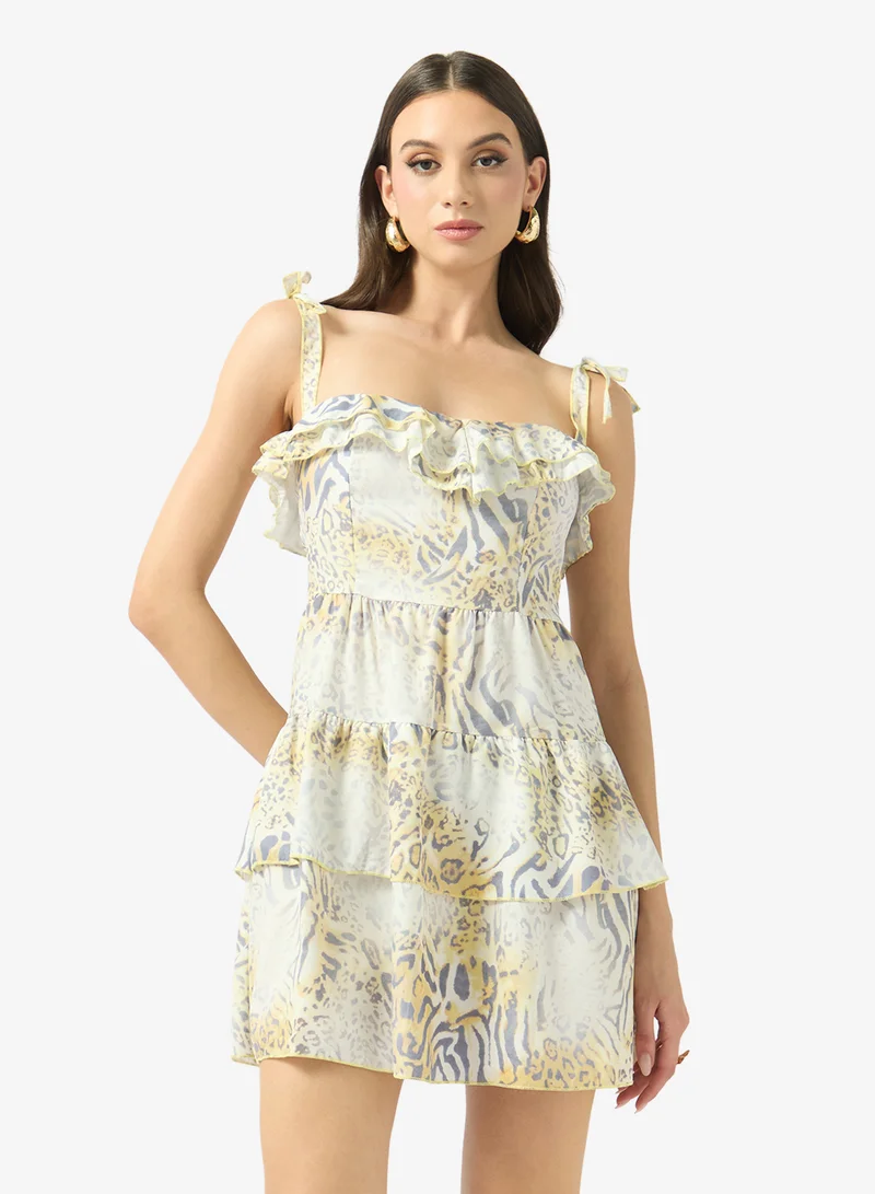 فايور Ruffled Tie-Shoulder Printed Mini Dress
