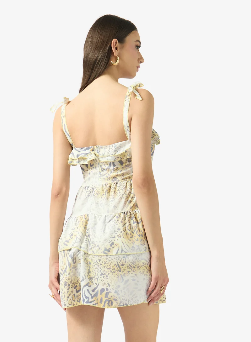 فايور Ruffled Tie-Shoulder Printed Mini Dress