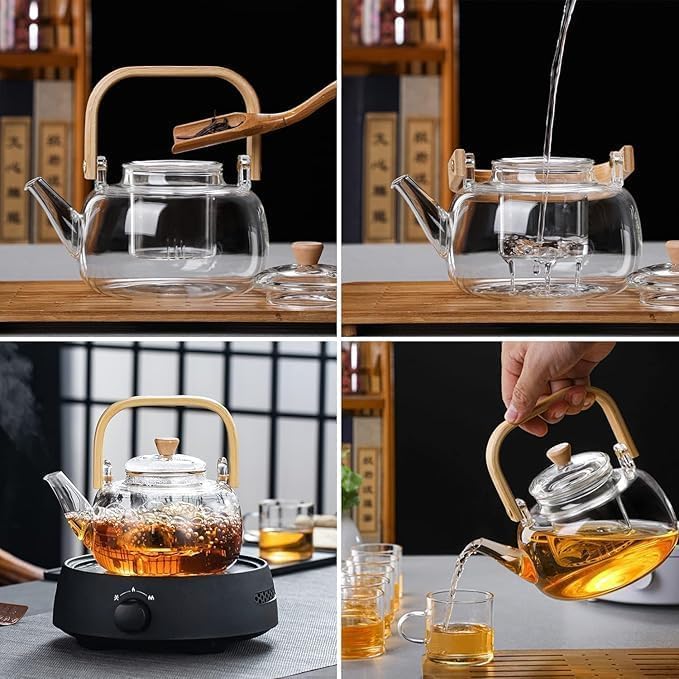 MENOVAS Glass Teapot with Glass Infuser 900ml Tea Pot with Bamboo Handle HeatResistant Glass Tea Pot Borosilicate Glass Tea Maker for Loose Tea Safe On Stovetop Pack of 1 - Image 3