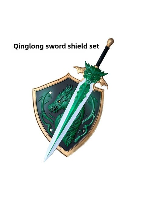 Big Sword Children's Toy Sword Boy's Weapon Four Beasts Blue Dragon Sword Shield Suit Safety PU Sword Soft Glue-Color:A Set Of Qinglong Sword Shields (60cm)