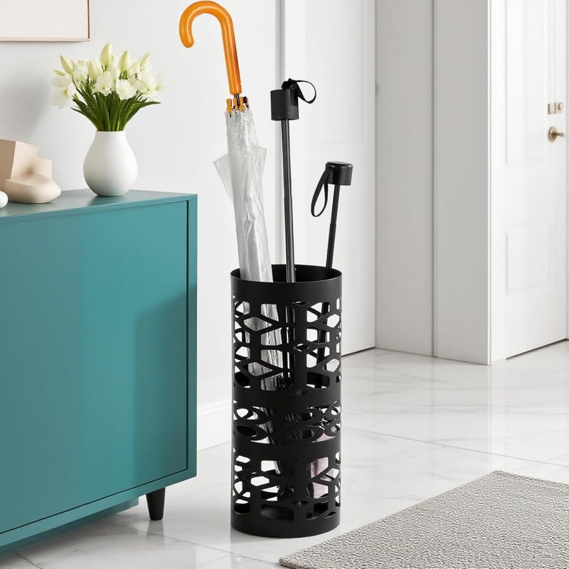 ZENFUN Umbrella Stand, Black Metal Umbrella Holder Freestanding, Cane Walk Stick Holder, Round Umbrella Rack for Entryway, Home, Office, 5.9 x 5.9 x 15.7 Inches - Image 5
