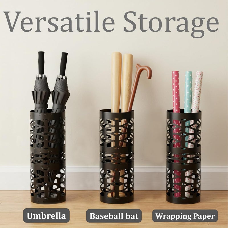 ZENFUN Umbrella Stand, Black Metal Umbrella Holder Freestanding, Cane Walk Stick Holder, Round Umbrella Rack for Entryway, Home, Office, 5.9 x 5.9 x 15.7 Inches - Image 2