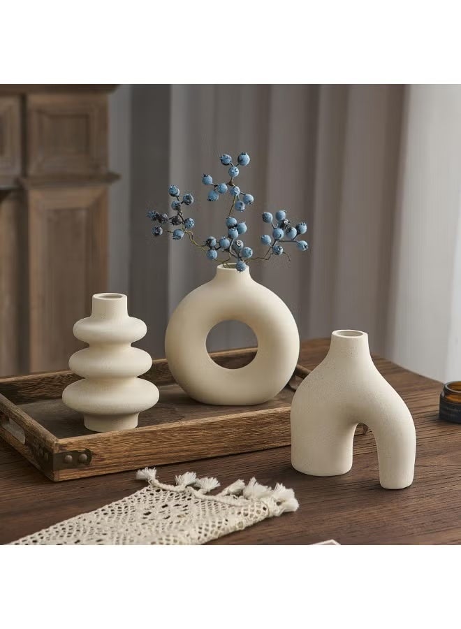  MXXSEE طقم مزهريات سيراميك بيضاء مكون من 3 قطع، مزهريات صغيرة لنبات البامباس، مزهرية بوهيمية عصرية للديكور، مزهريات بيضاء مستديرة كقطع مركزية لحفلات الزفاف، غرف المعيشة، غرف النوم، طاولات القهوة، وطاولات الطعام - Image 4