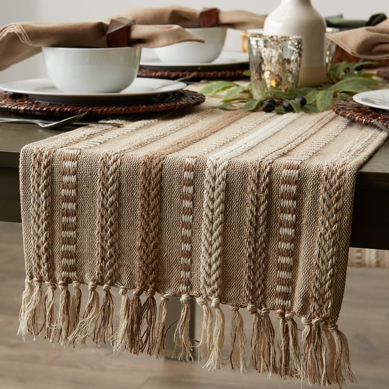 DII Farmhouse Braided Stripe Table Runner Collection, 15x108 (15x113, Fringe Included), Stone - Image 5