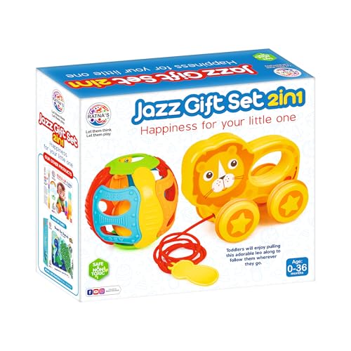 Ratna's Jazz Gift Set, 2-in-1 Baby Toys with Pull Along Lion and Rattling Ball, New Born Toys for 6 Month+ Old Baby - Image 1