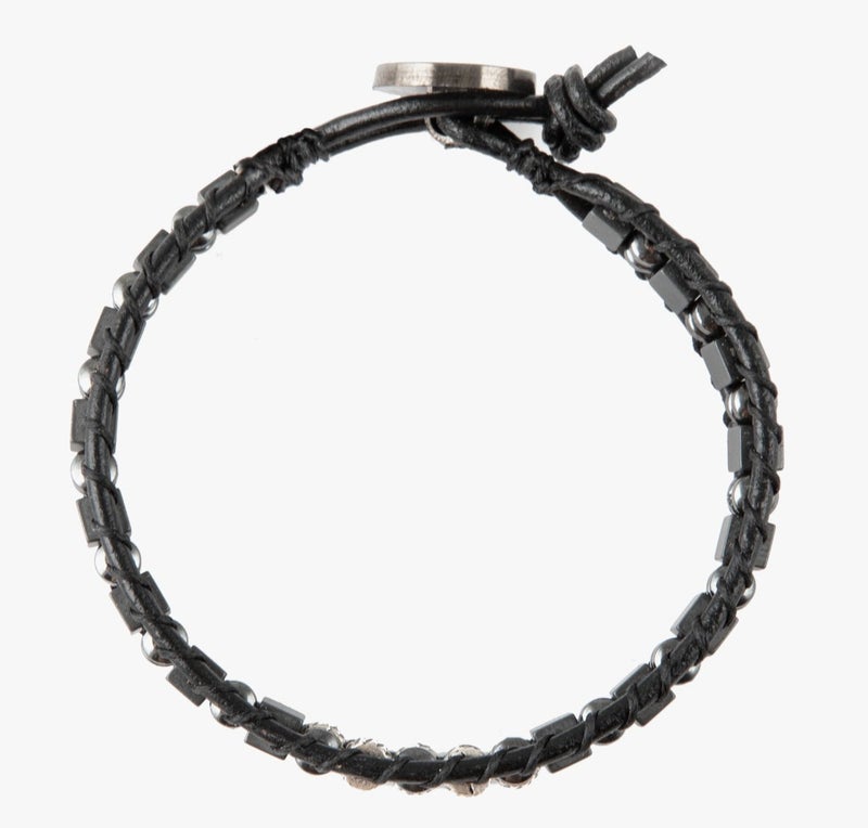 Minza “Silver Leather & Hematite” Men’s Bracelet, Sterling Silver 925 Beads, Cube Hematite Stones & Black Leather, Adjustable Button Clasp Bracelet, Jewelry for Casual & Everyday Wear. - Image 2
