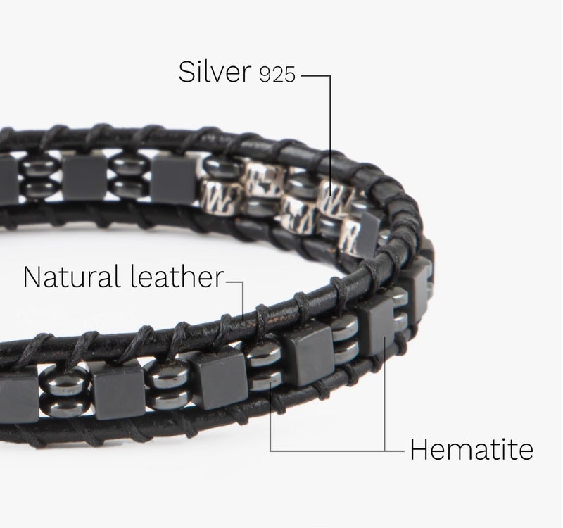 Minza “Silver Leather & Hematite” Men’s Bracelet, Sterling Silver 925 Beads, Cube Hematite Stones & Black Leather, Adjustable Button Clasp Bracelet, Jewelry for Casual & Everyday Wear. - Image 4