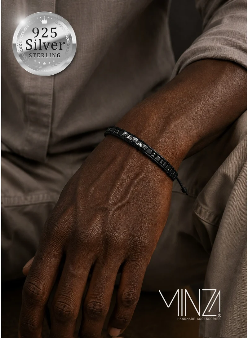 Minza Minza “Silver Leather & Hematite” Men’s Bracelet, Sterling Silver 925 Beads, Cube Hematite Stones & Black Leather, Adjustable Button Clasp Bracelet, Jewelry for Casual & Everyday Wear.