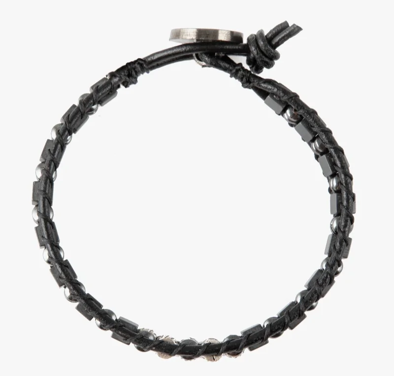 Minza  Minza “Silver Leather & Hematite” Men’s Bracelet, Sterling Silver 925 Beads, Cube Hematite Stones & Black Leather, Adjustable Button Clasp Bracelet, Jewelry for Casual & Everyday Wear. for Men | Best Price UAE