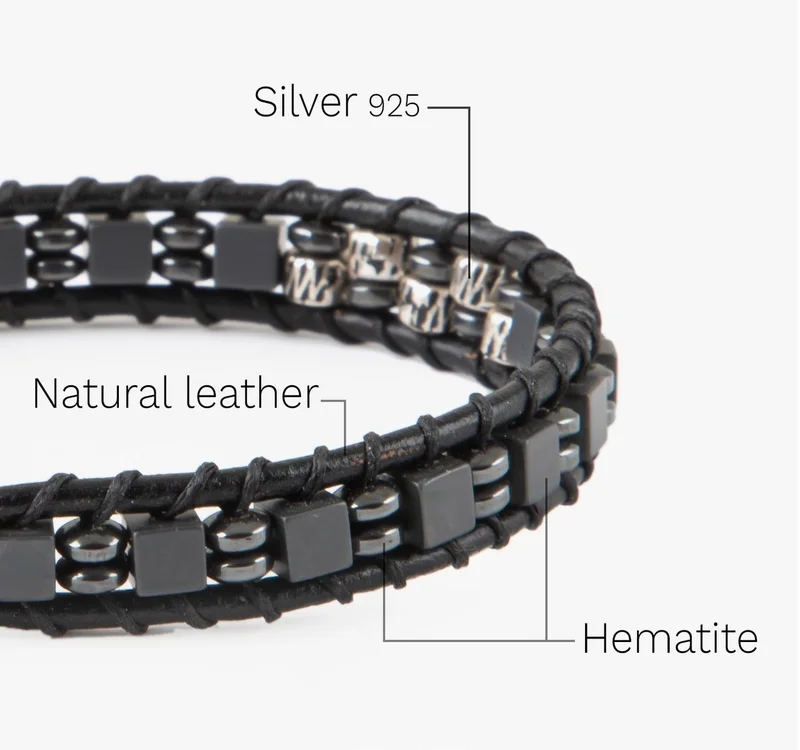 Minza  Minza “Silver Leather & Hematite” Men’s Bracelet, Sterling Silver 925 Beads, Cube Hematite Stones & Black Leather, Adjustable Button Clasp Bracelet, Jewelry for Casual & Everyday Wear. for Men | Best Price UAE
