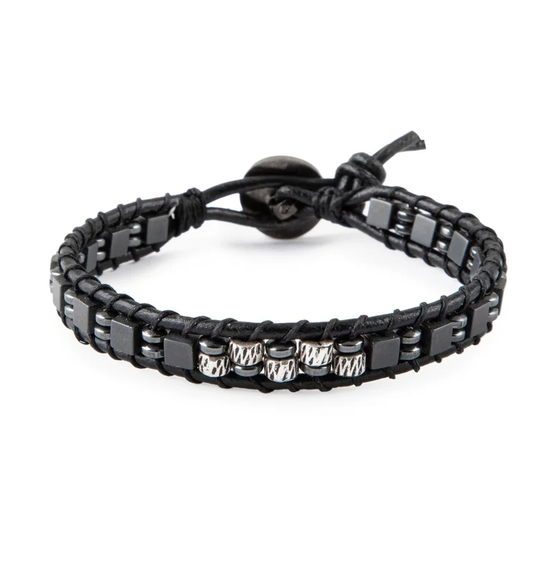 Minza Minza “Silver Leather & Hematite” Men’s Bracelet, Sterling Silver 925 Beads, Cube Hematite Stones & Black Leather, Adjustable Button Clasp Bracelet, Jewelry for Casual & Everyday Wear.