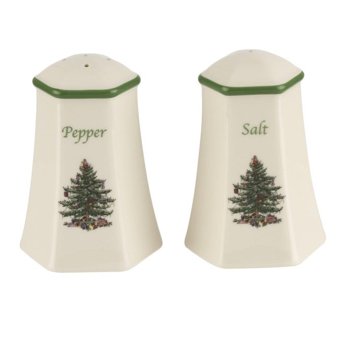 CHRISTMAS TREE HEXAGONAL SALT AND PEPPER SHAKER SET 2PIECE HOLIDAY KITCHEN TABLE DCOR FESTIVE HOME ACCENT CHRISTMAS GIFTSTOCKING STUFFER FOR COLLECTORS HOLIDAY ENTHUSIASTS