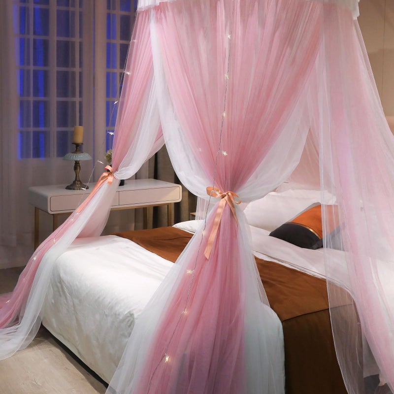 AIKASY Girls and Adults Canopy Bed, Elegant Double-Layer Bed Curtain, Children's Dream Round Lace Mosquito Net, Princess Canopy Net - Fits Twin, Full, Queen, and King Beds (White/Pink) - Image 5